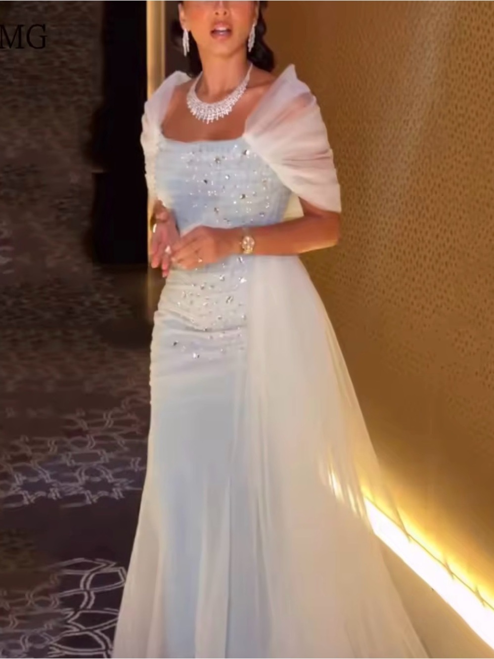 Elegant Dusty Blue Beaded Evening Gown with Sheer Shawl